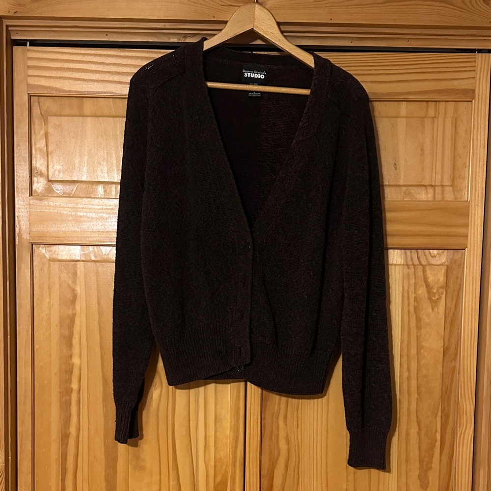 Vintage Designer Original Studio Women's Dark Brown V-Neck Button Front Cardigan